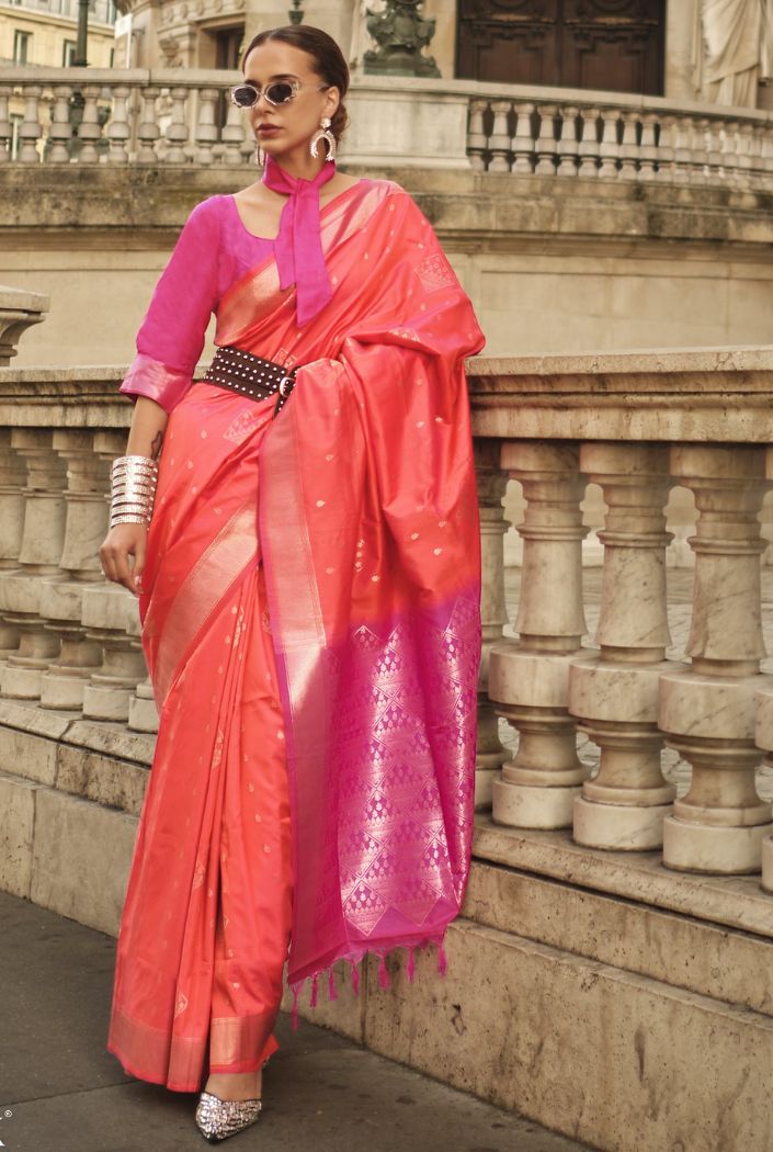 Buy MySilkLove Beauty Orange and Pink Banarasi Handloom Saree Online