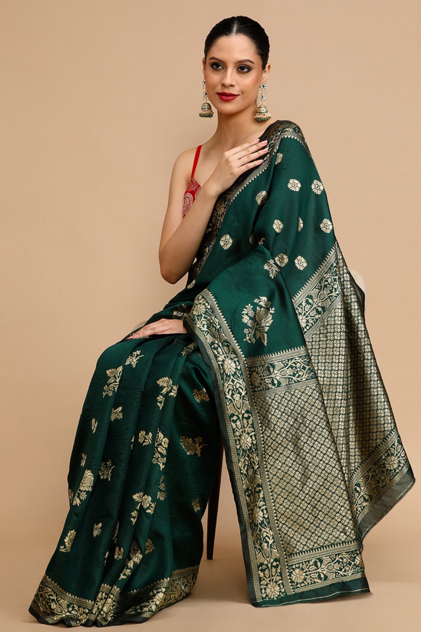 MySilkLove Bottle Green Woven Jacquard Lichi Silk Saree