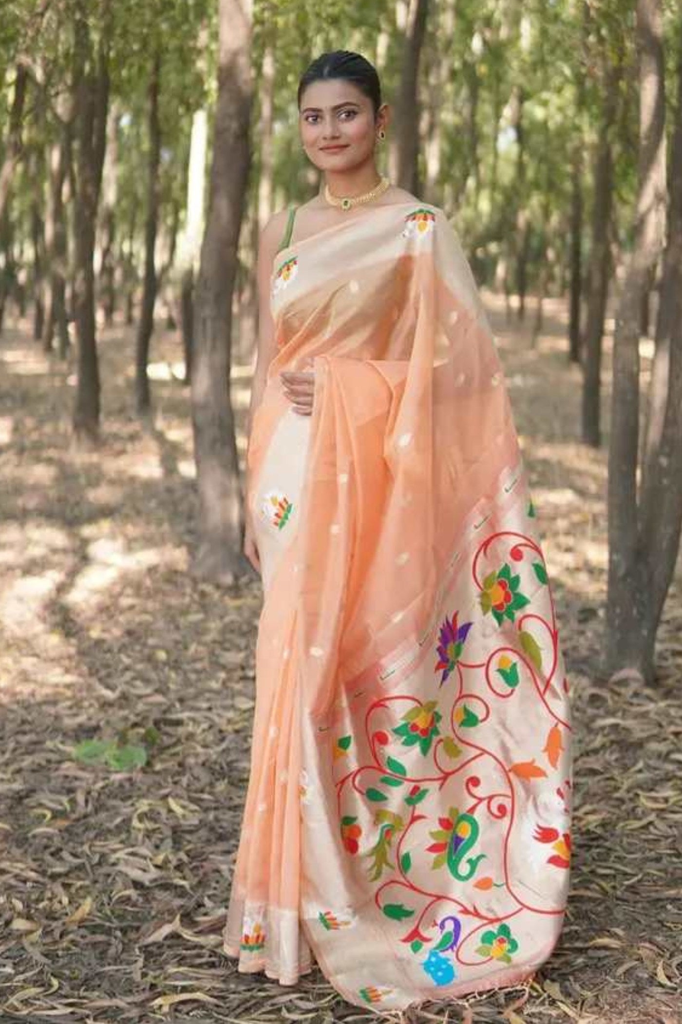 Buy MySilkLove Vivid Orange Organza Woven Paithani Saree Online