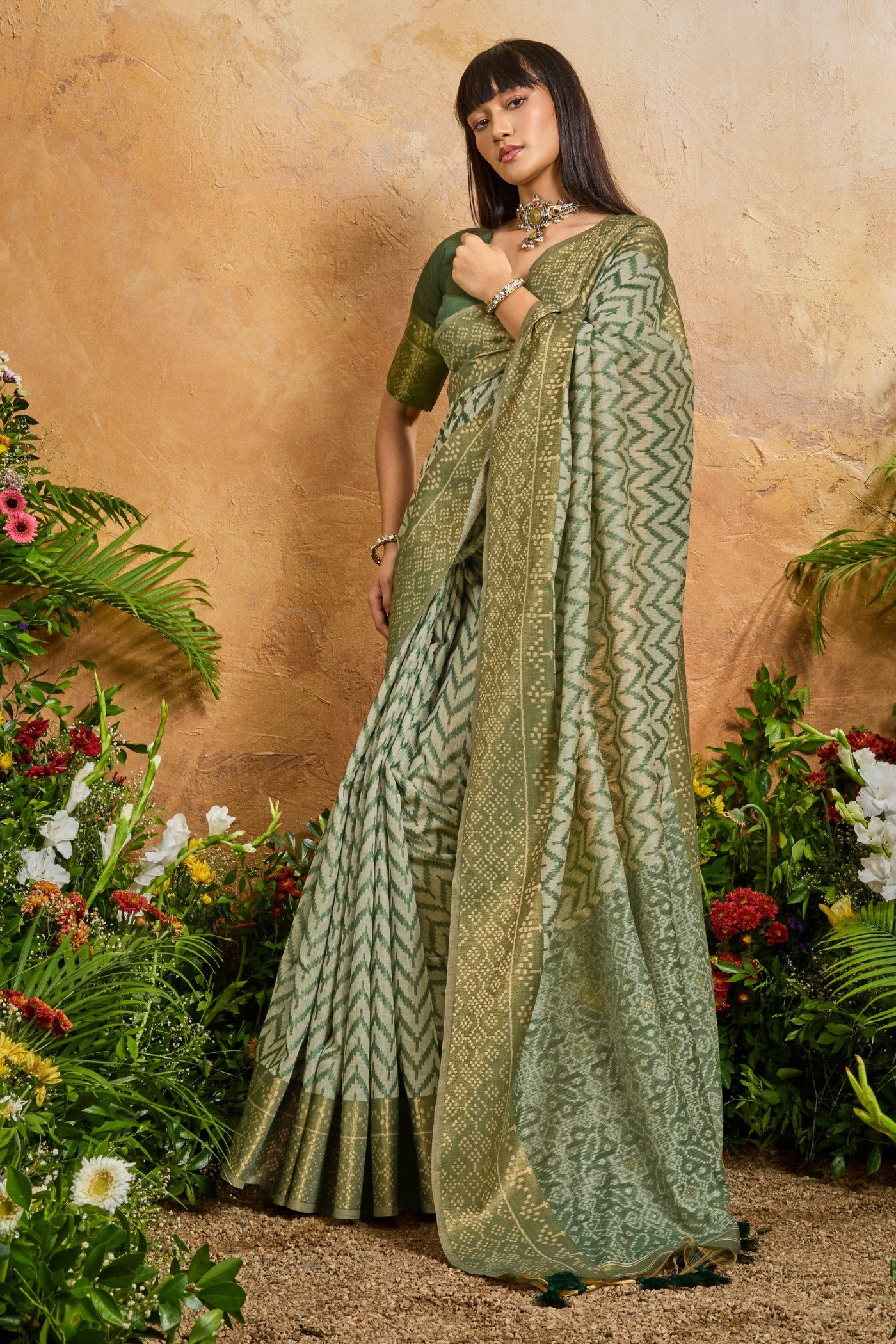 Buy MySilkLove Fern Green Cotton Handloom Patola Saree Online