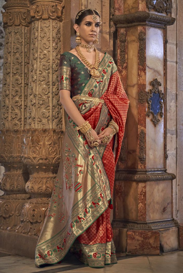 Buy MySilkLove Chilli Red and Green Woven Patola Silk Saree Online