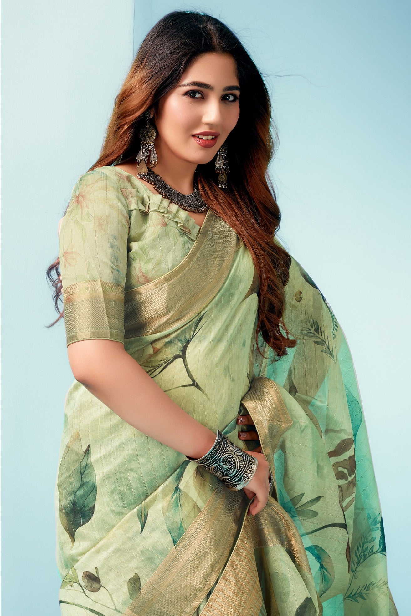 Buy MySilkLove Green Mist Floral Linen Saree Online