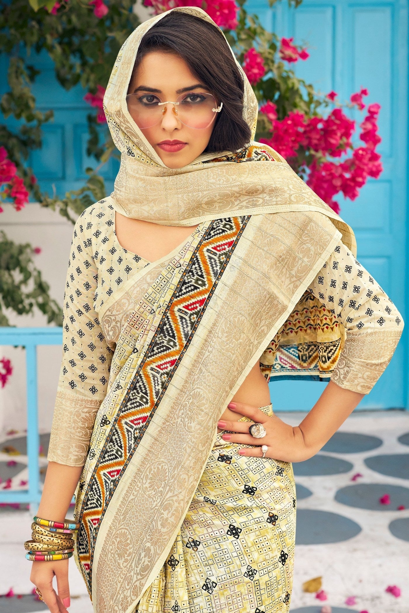 MySilkLove Cumulus Cream Banarasi Printed Saree