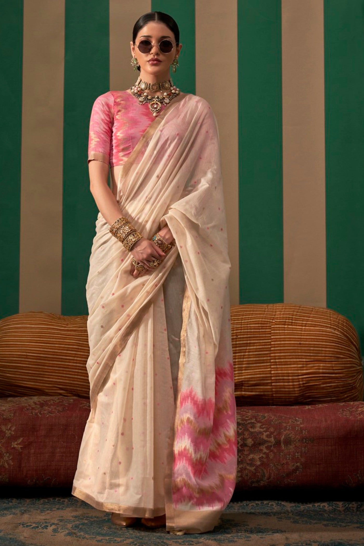 Buy MySilkLove Cashmere Cream Handloom Linen Saree Online