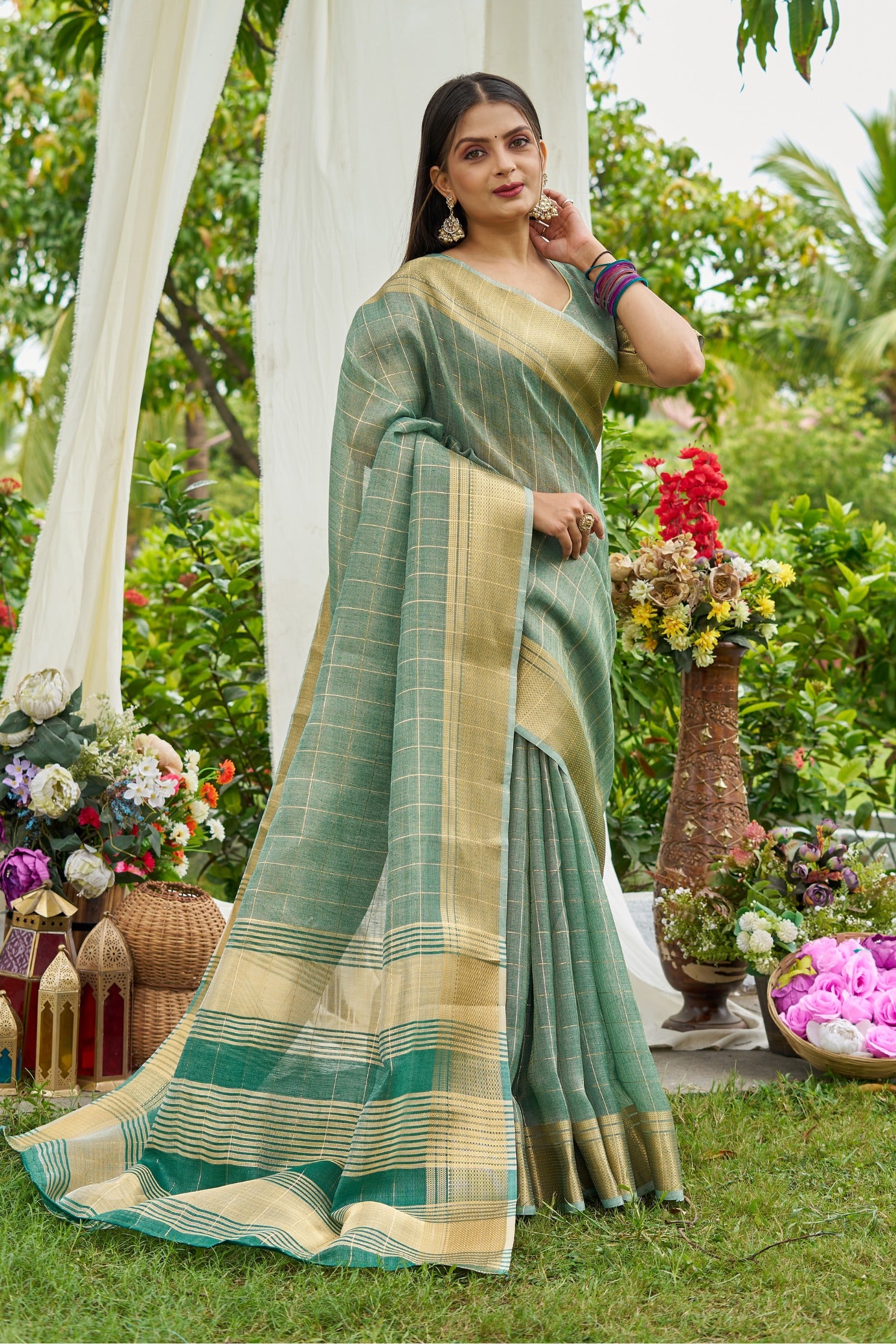 Buy MySilkLove Fern Green Tissue Woven Saree Online