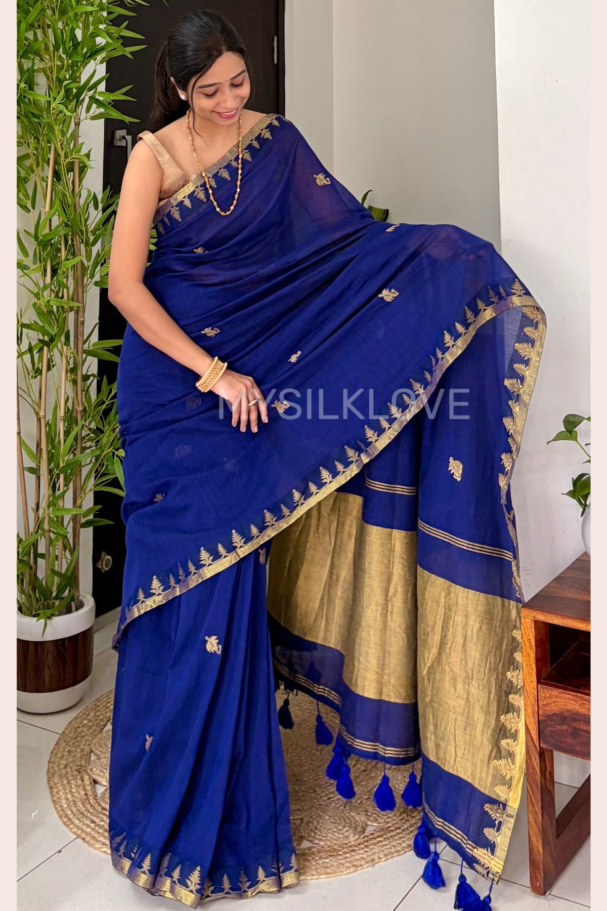 Buy MySilkLove Capri Blue Mul Mul Cotton Zari Woven Saree Without Blouse Online