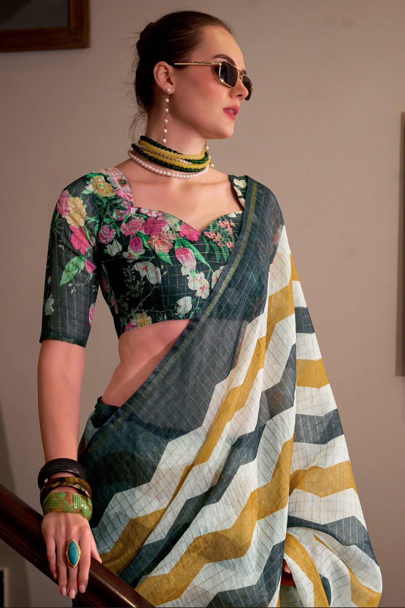 Buy MySilkLove Locust Green and Yellow Woven Linen Saree Online