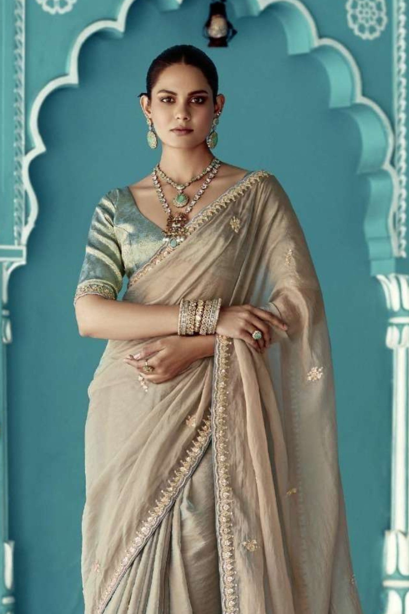 MySilkLove Bronco Cream Embroidered Tissue Designer Saree