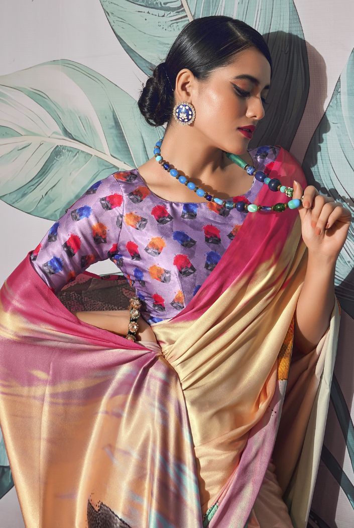 MySilkLove Multicolor Cream Printed Satin Silk Saree