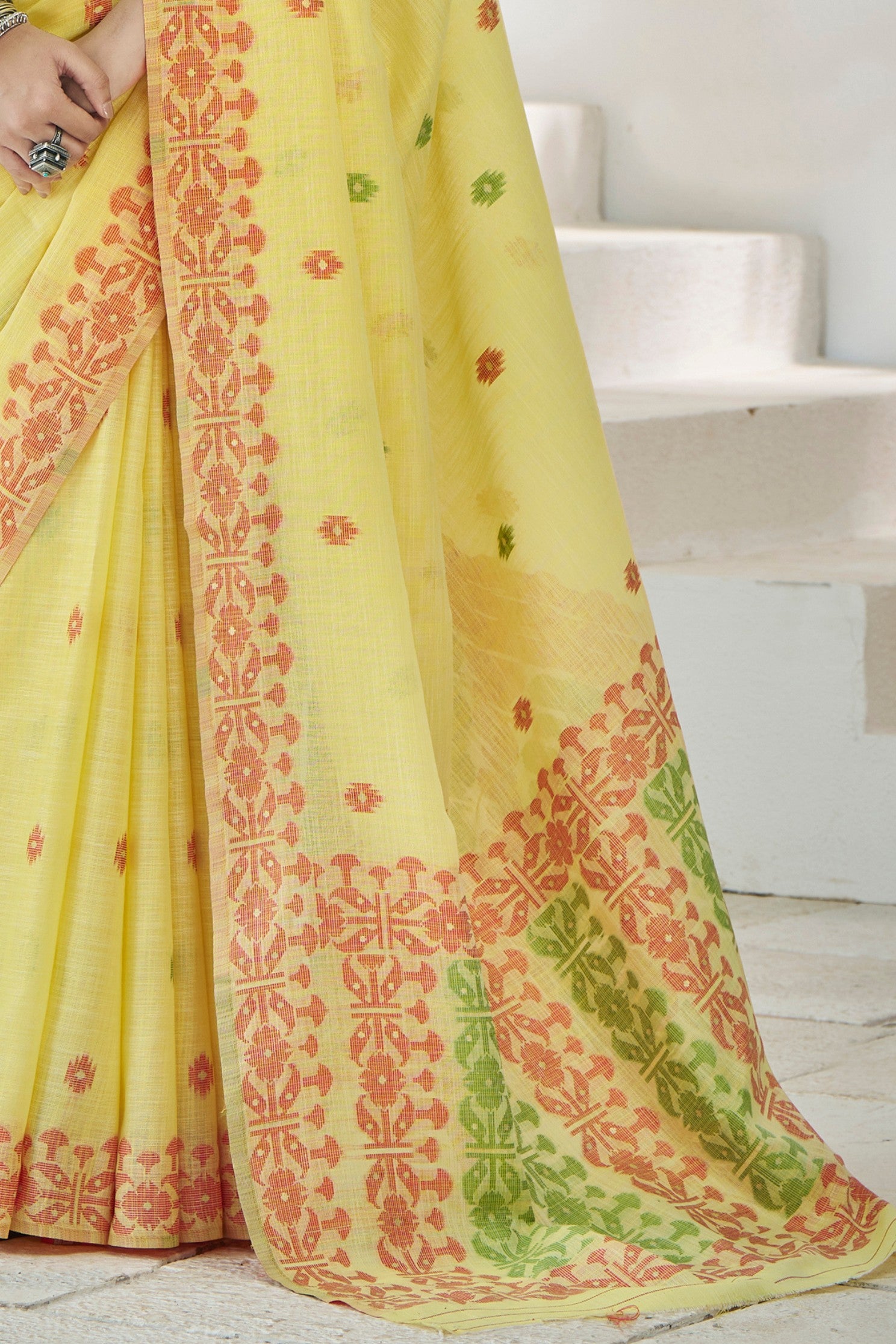 Buy MySilkLove Laser Yellow Woven Linen Saree Online