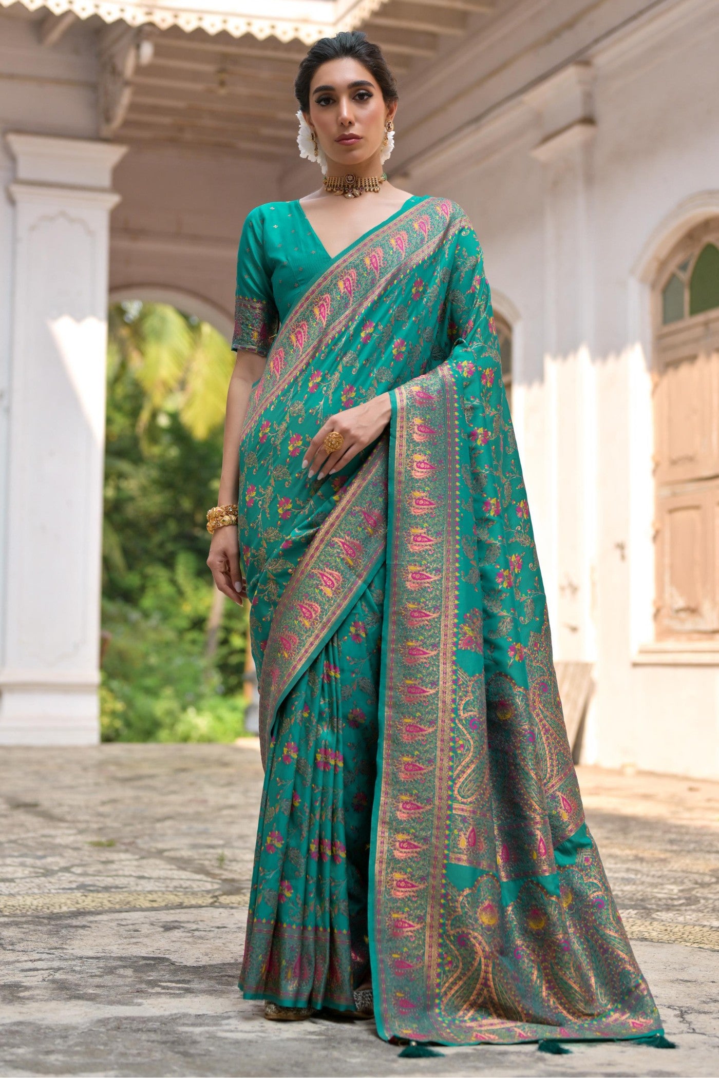 Buy MySilkLove Dark Cyan Green Woven Pashmina Silk Saree Online