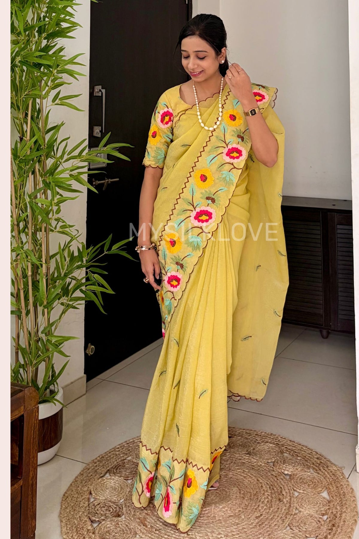 Buy MySilkLove Cornsilk Yellow Floral Embroidery Crunchy Chiffon Saree Online