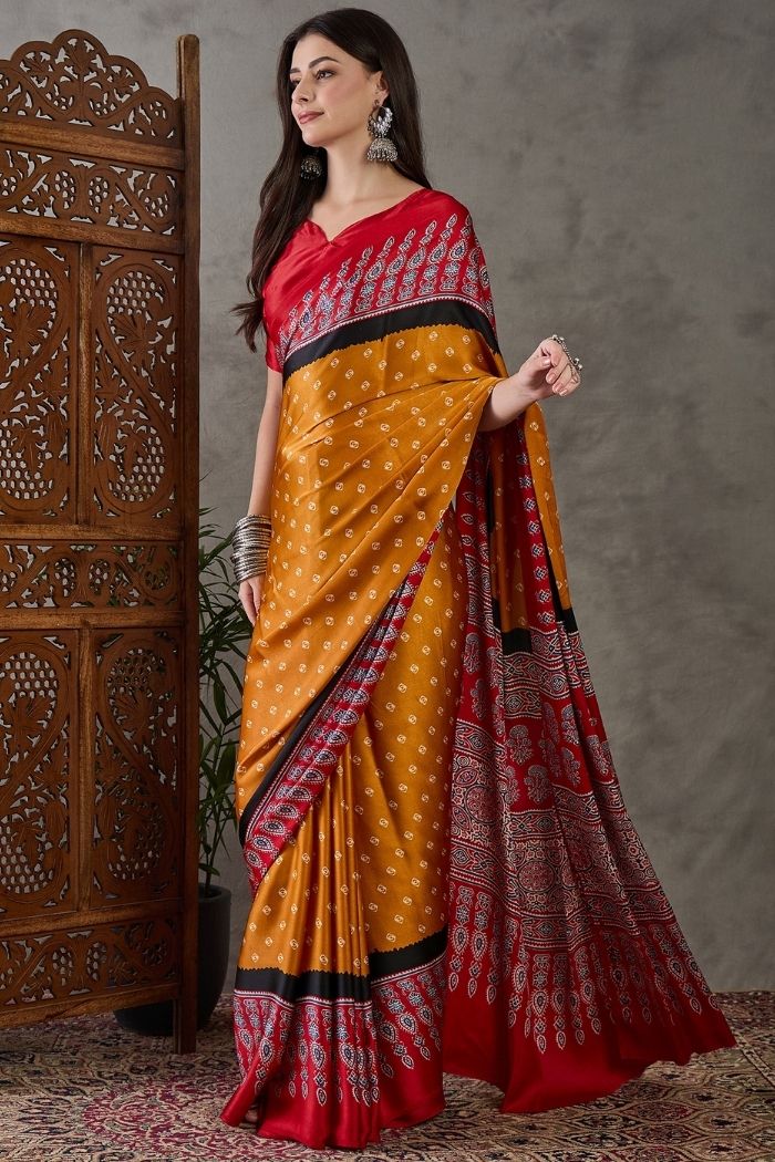Buy MySilkLove Sunset Yellow and Red Ajrakh Printed Satin Gaji Silk Saree Online