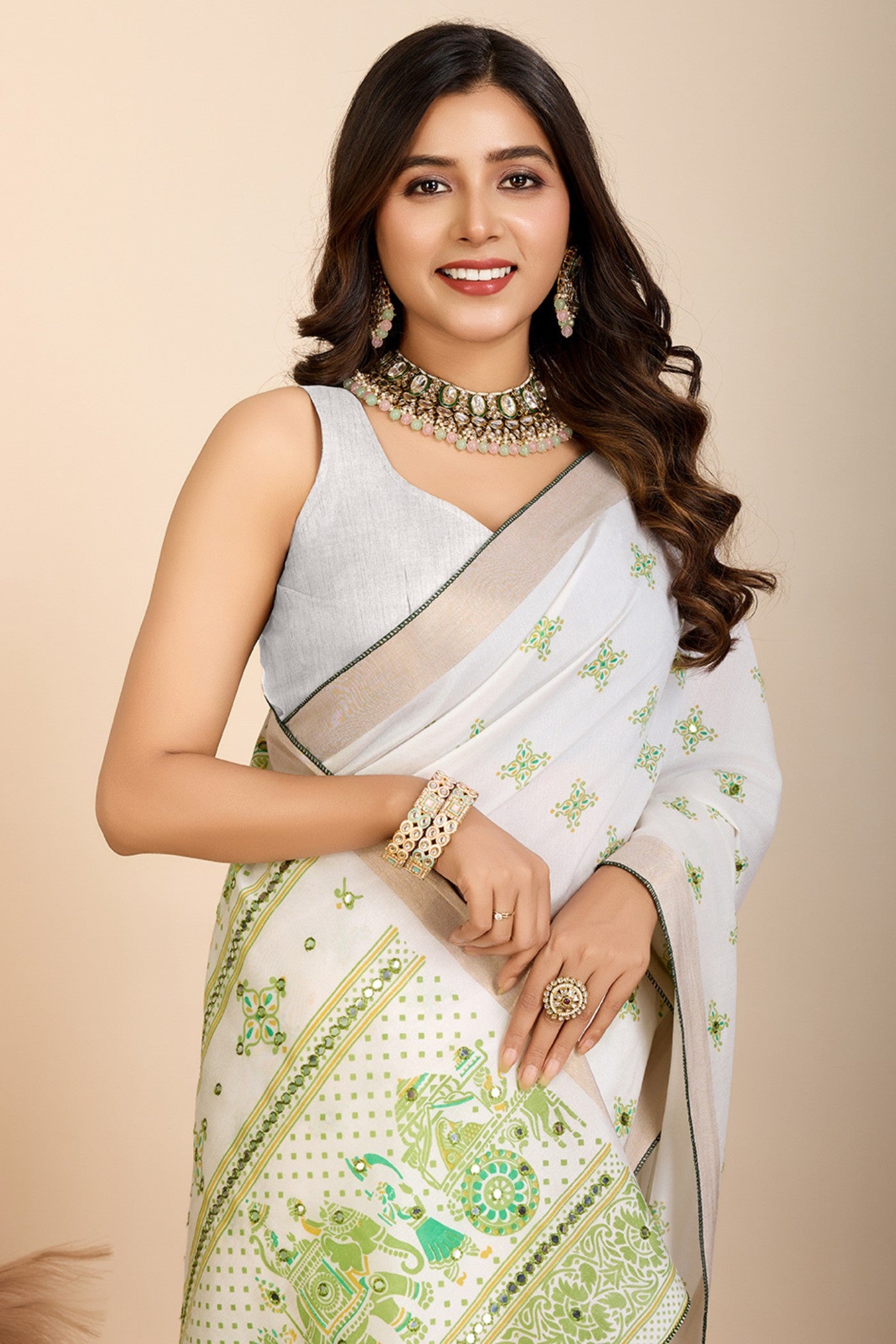 Buy MySilkLove Swiss White and Green Printed Cotton Designer Saree Online