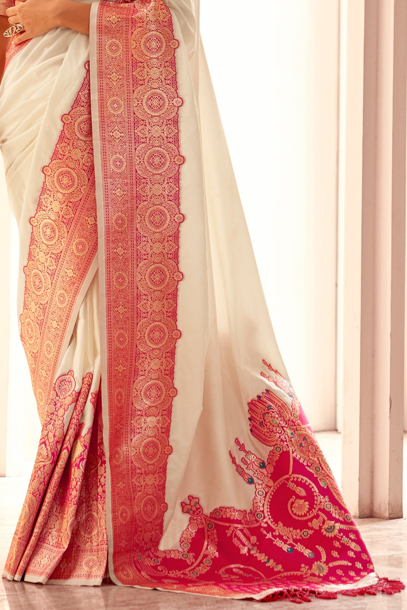 Buy MySilkLove Milk White Woven Banarasi Soft Silk Saree Online