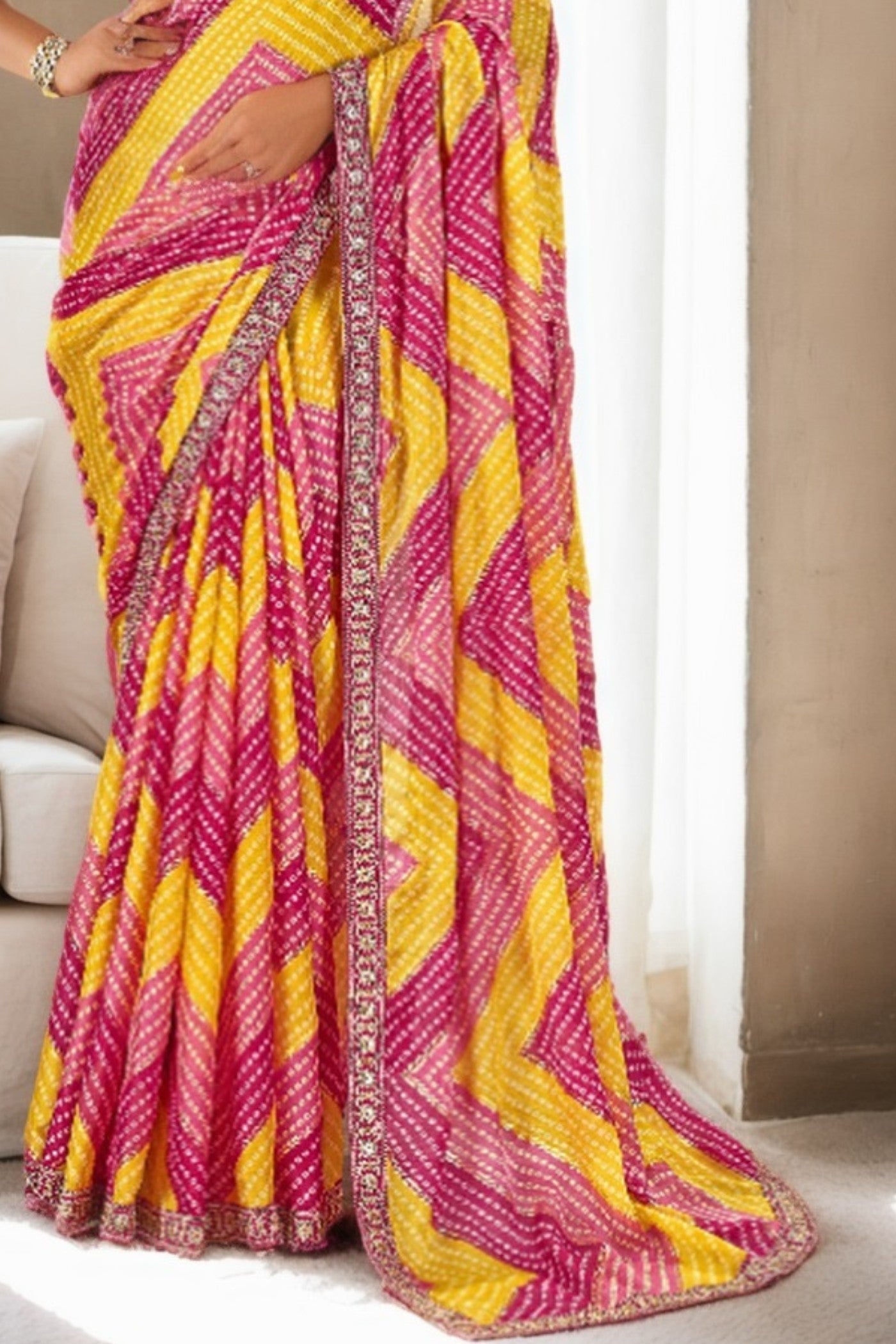 Buy MySilkLove Zest Yellow and Pink Bandhani Digital Printed Silk Saree Online