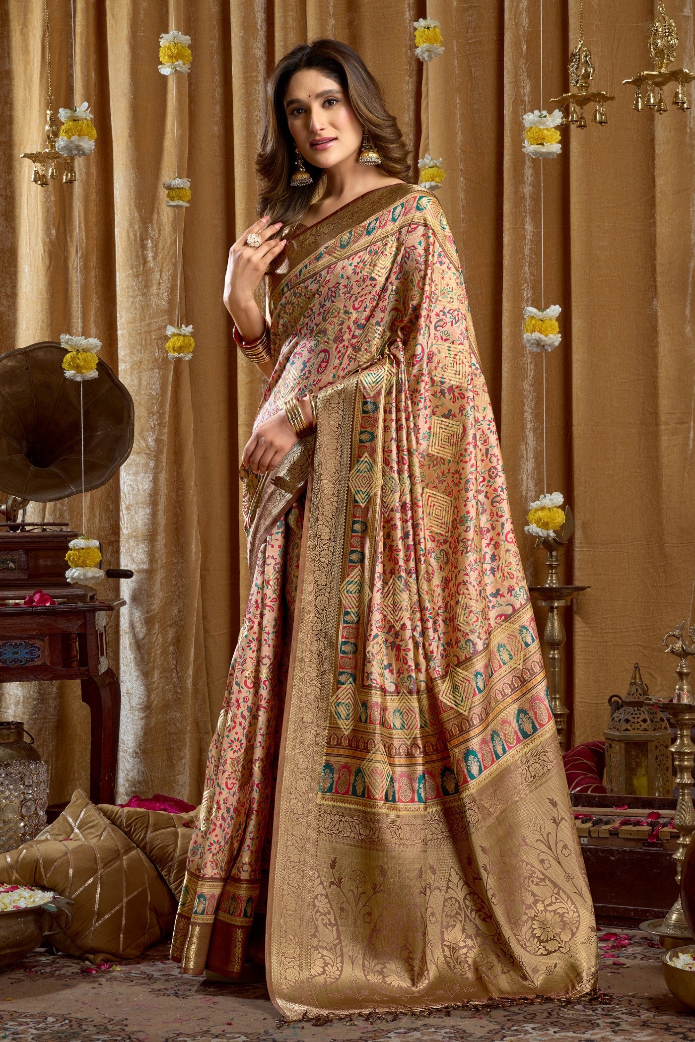 Buy MySilkLove Bistre Brown Digital Printed Banarasi Saree Online
