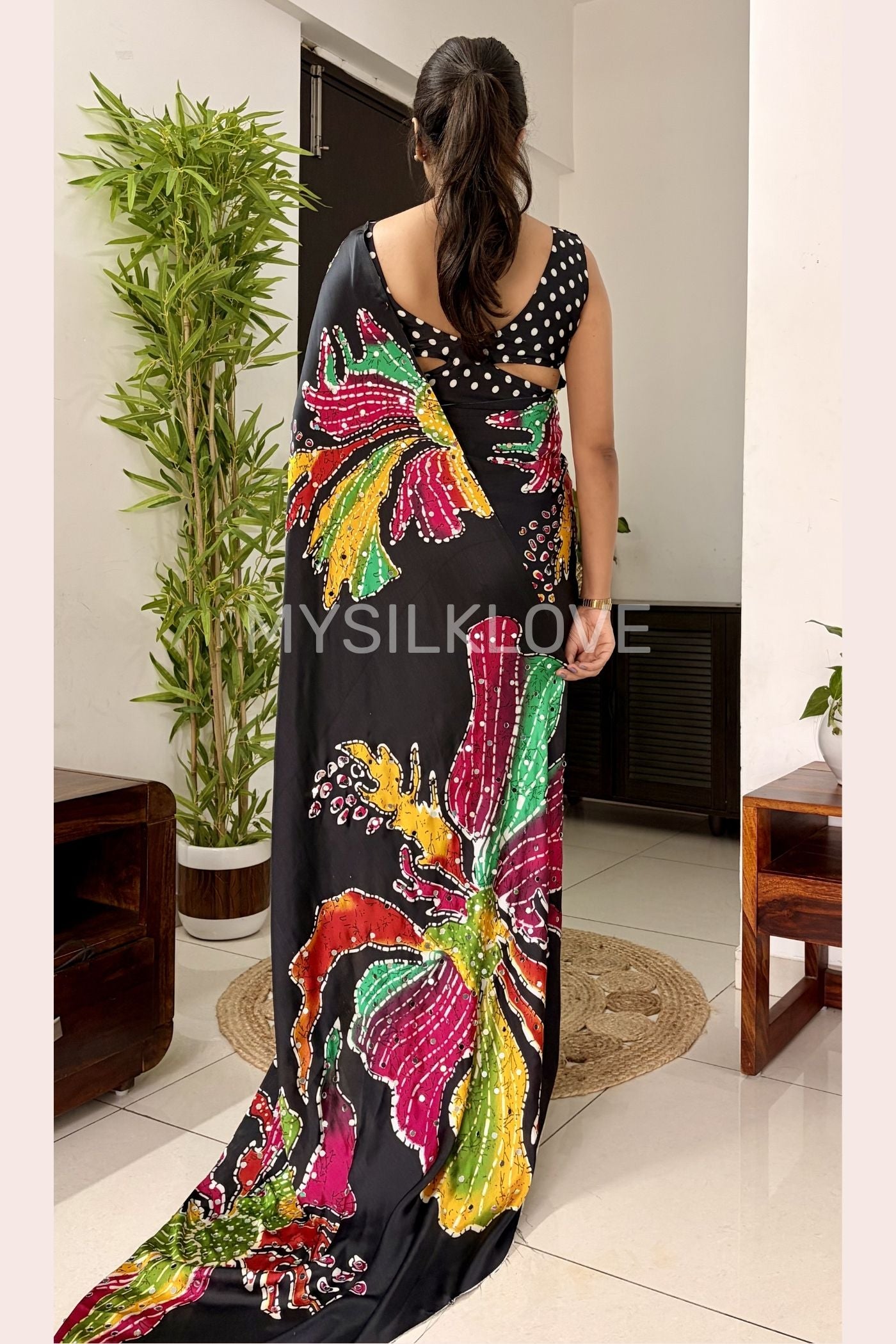 Buy MySilkLove Stone Black Bloom Floral Partywear Satin Silk Saree Without Blouse Online