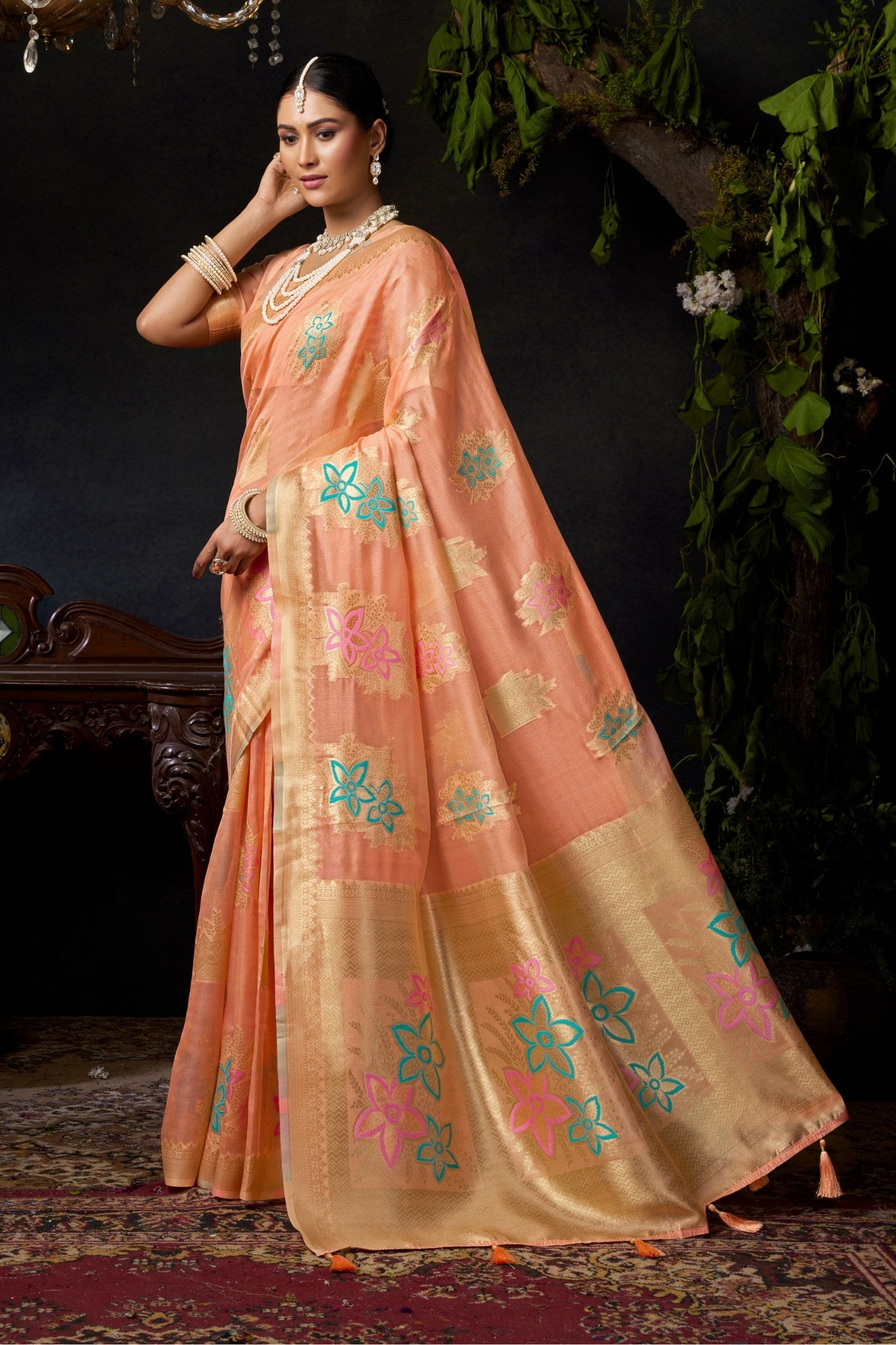 Buy MySilkLove Plum Peach Woven Banarasi Organza Saree Online