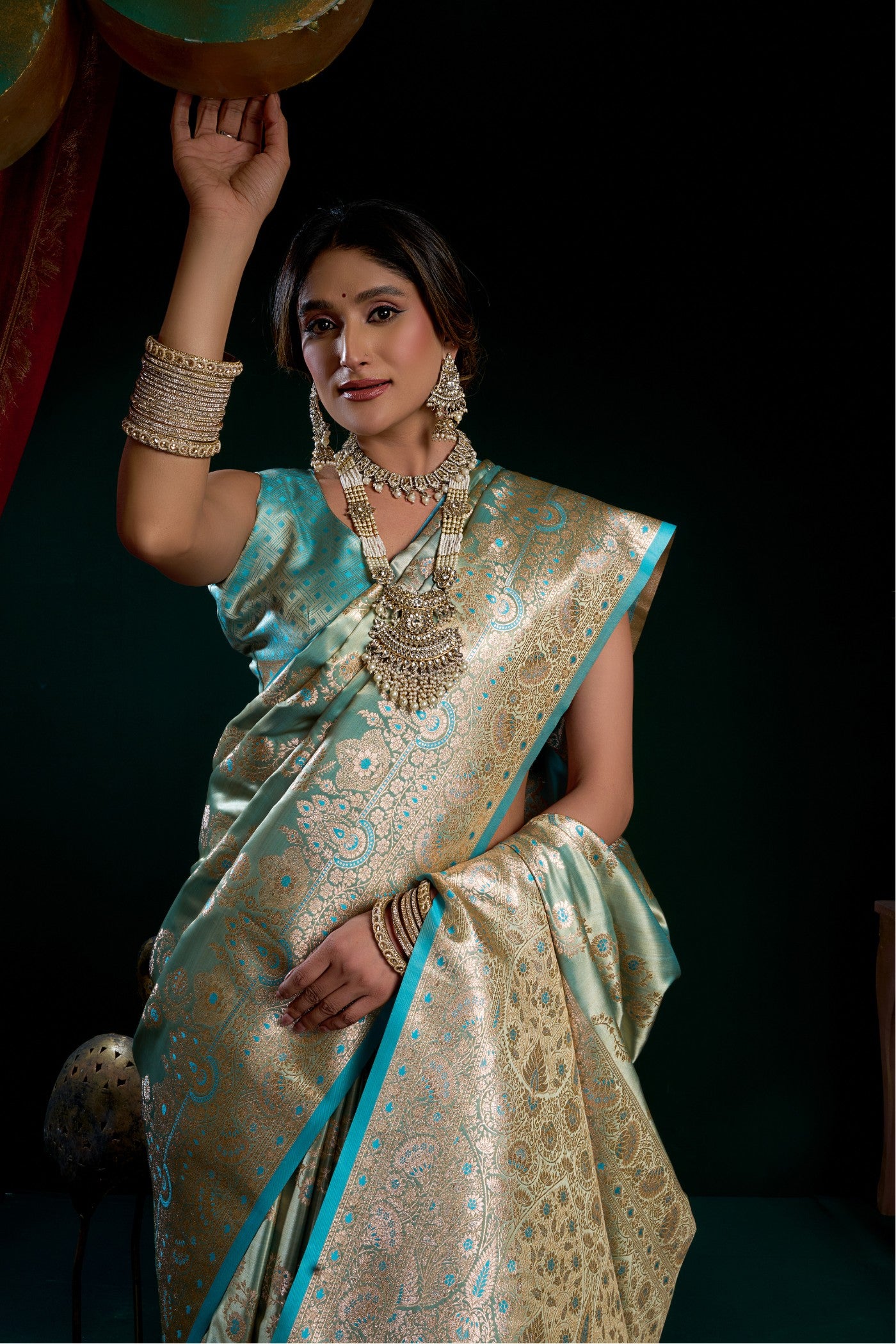 MySilkLove Tiffany Blue Banarasi Handloom Satin Soft Silk Sare