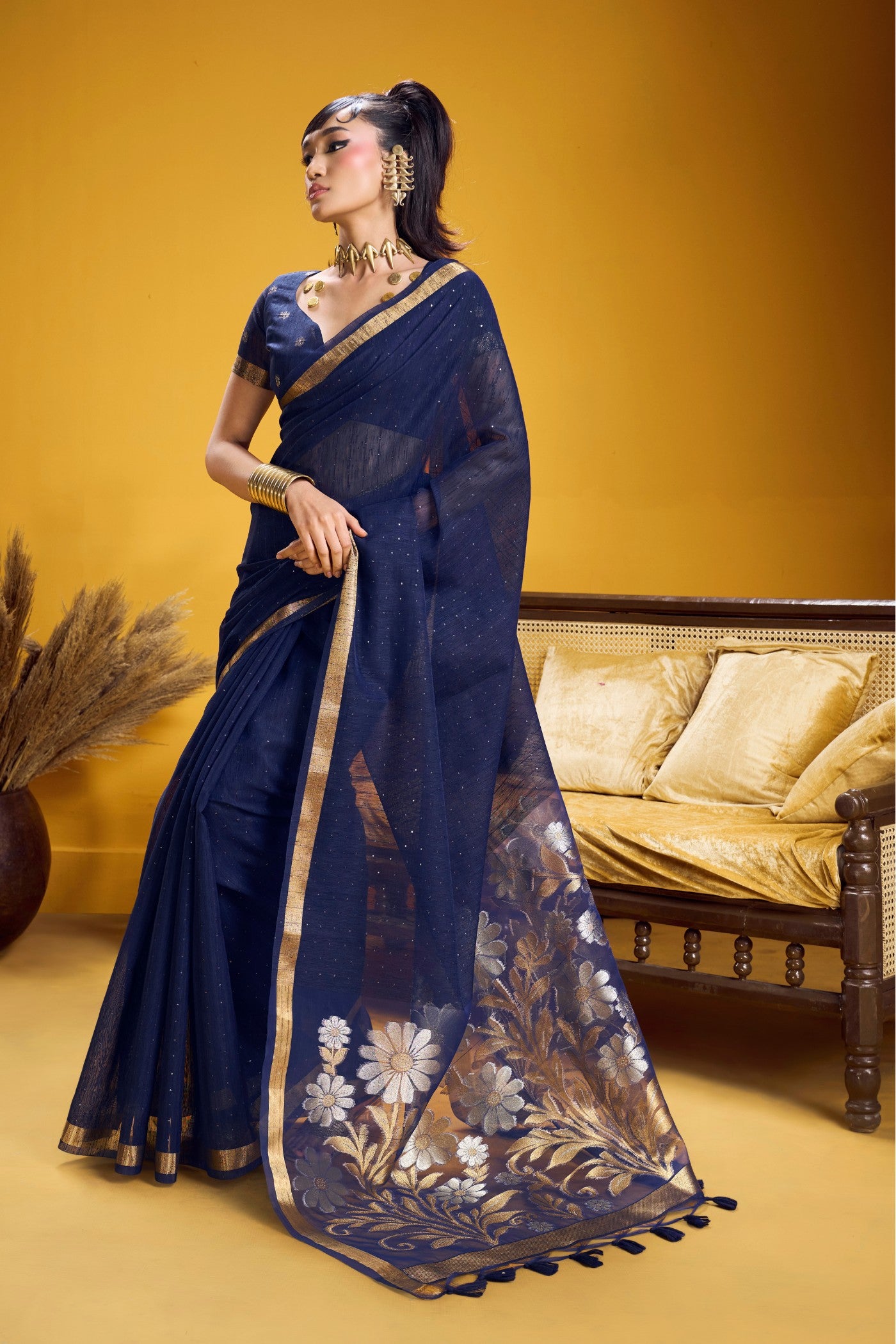 Buy MySilkLove Phthalo Blue Munga Handloom Cotton Saree Online