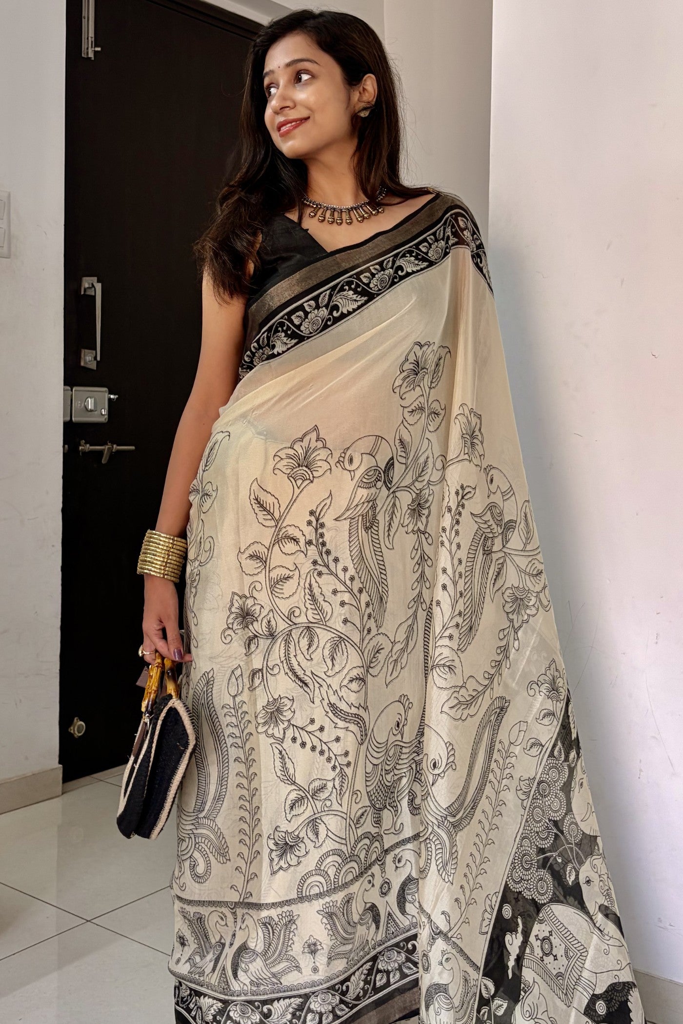 Buy MySilkLove Onyx Black and Cream Mul Cotton Kalamkari Saree Online