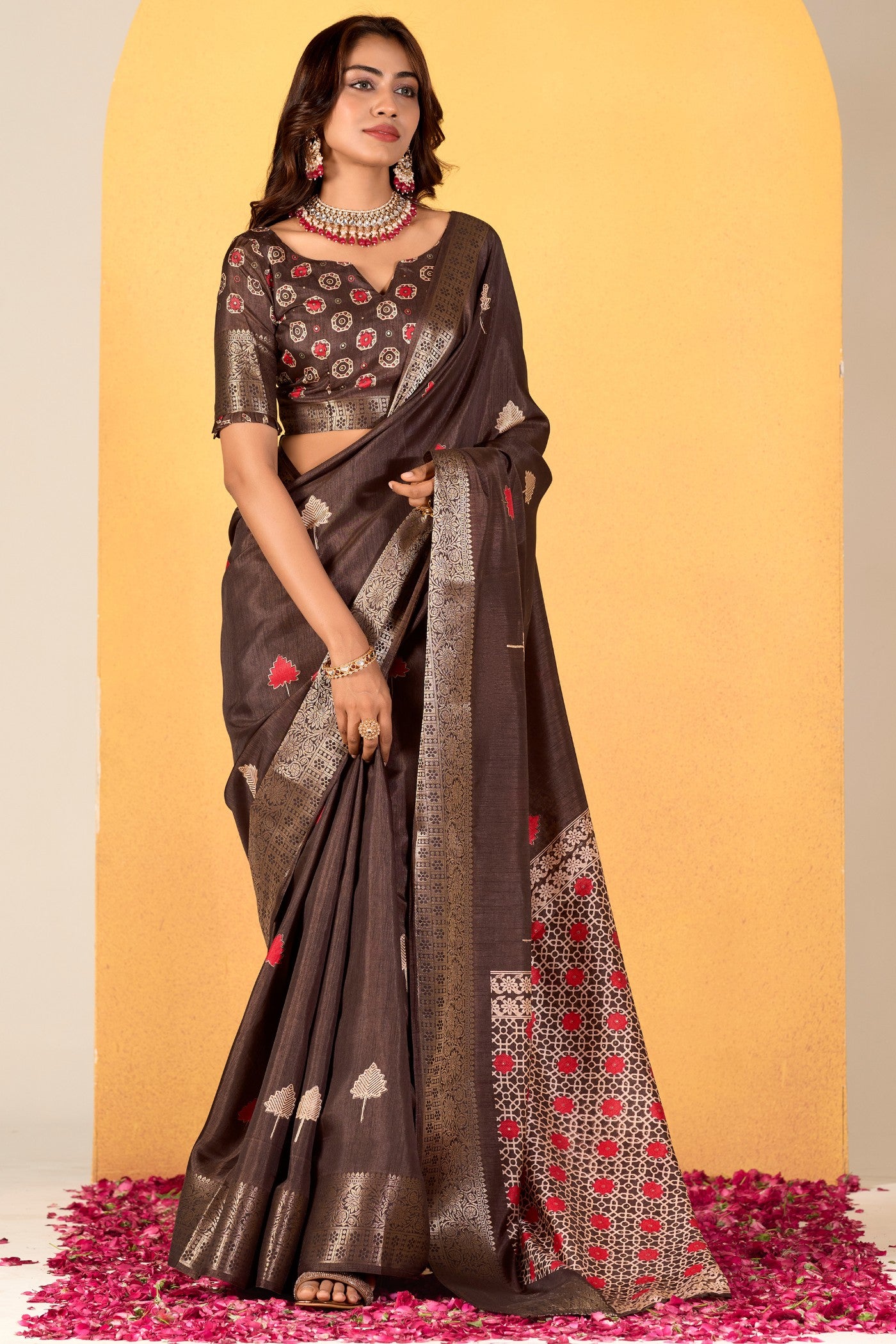 Buy MySilkLove Caramel Brown Woven Dola Silk Saree Online