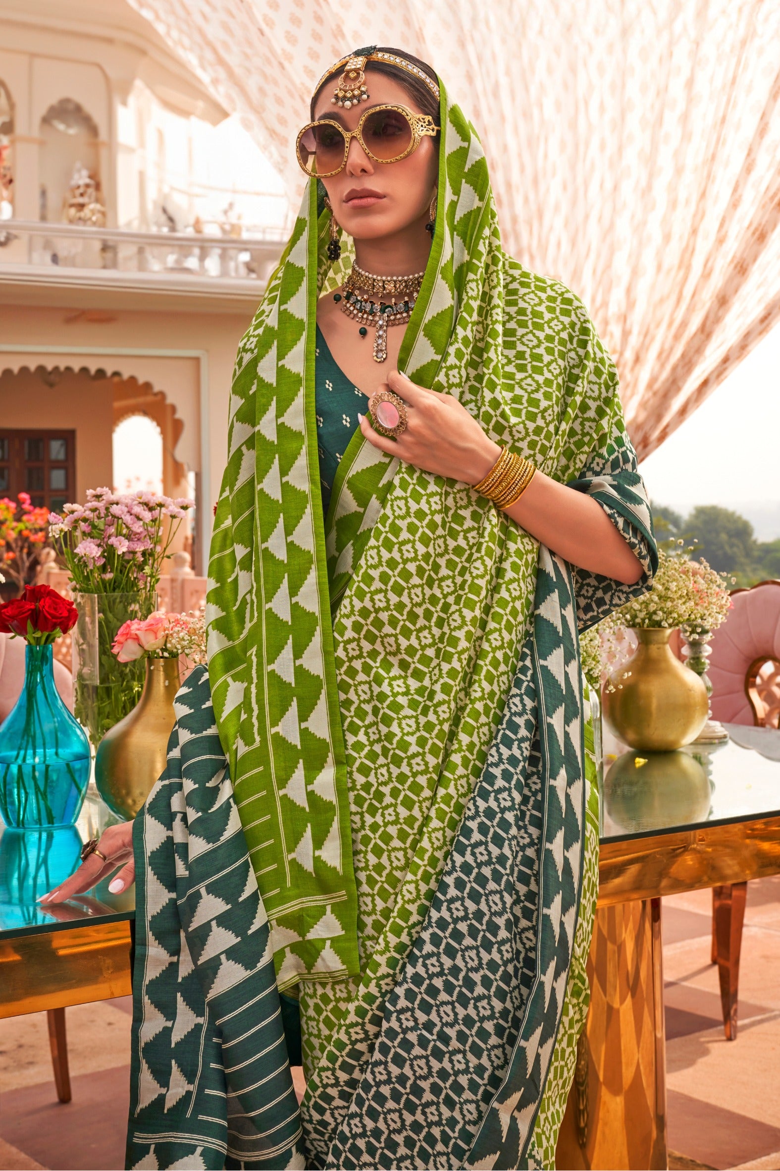 MySilkLove Lime Olive Green Printed Patola Saree