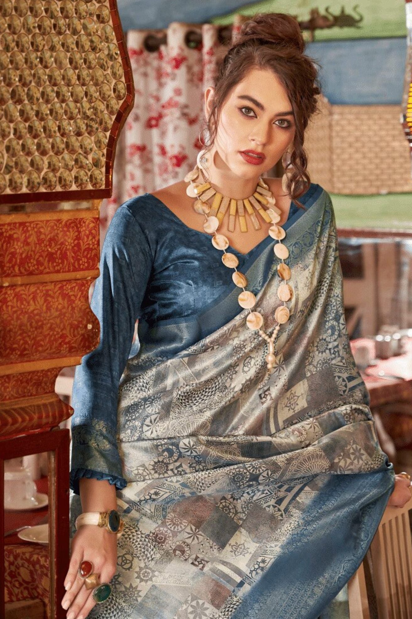 Buy MySilkLove Pablo Grey Banarasi Digital Printed Saree Online