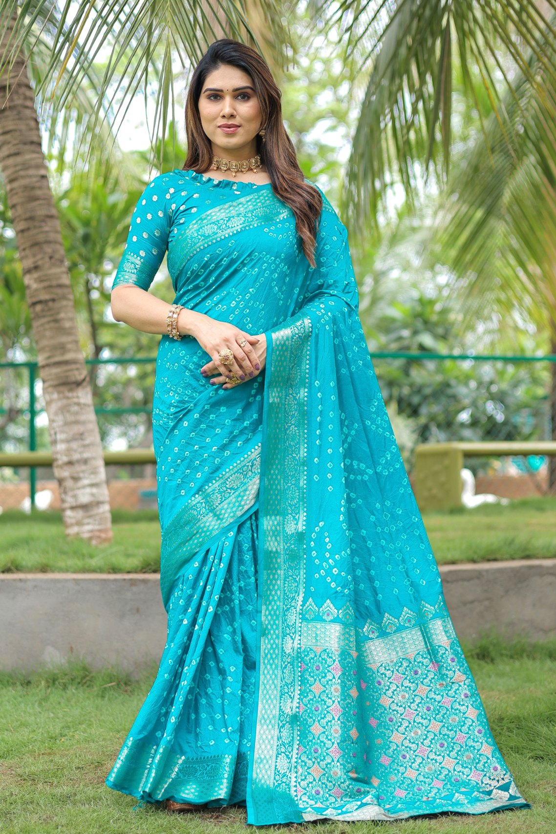 Buy MySilkLove Bright Turquoise Blue Bandhani Dola Silk Saree Online