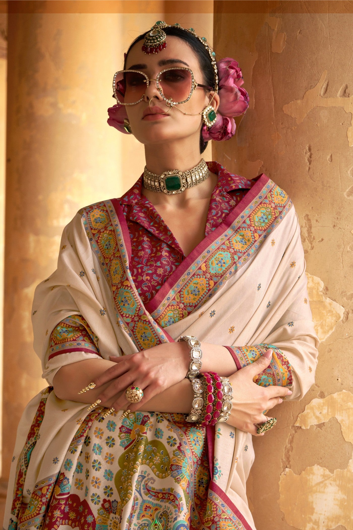 MySilkLove Champagne Cream Printed Banarasi Saree