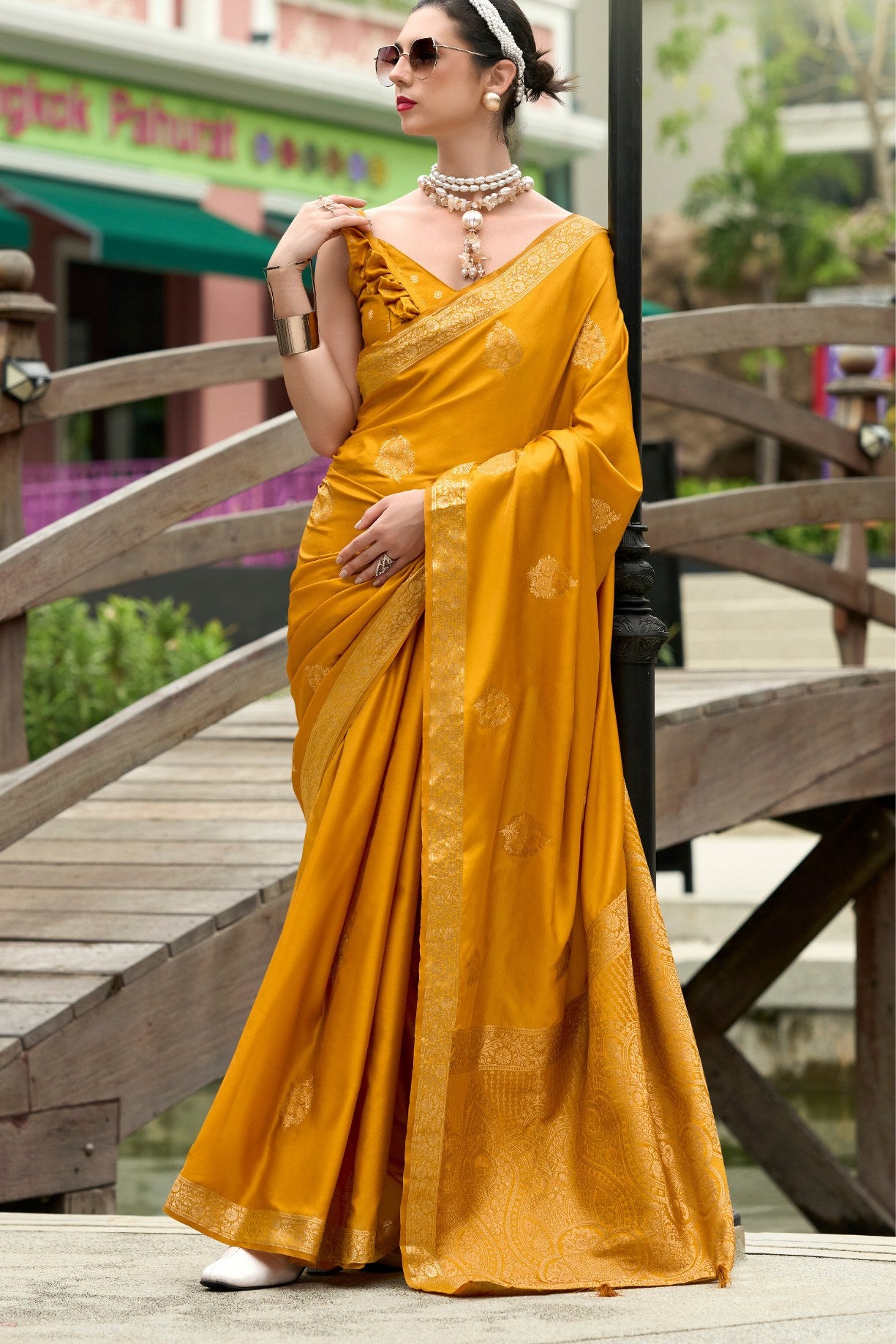 Buy MySilkLove Brandy Punch Yellow Banarasi Handloom Satin Saree Online