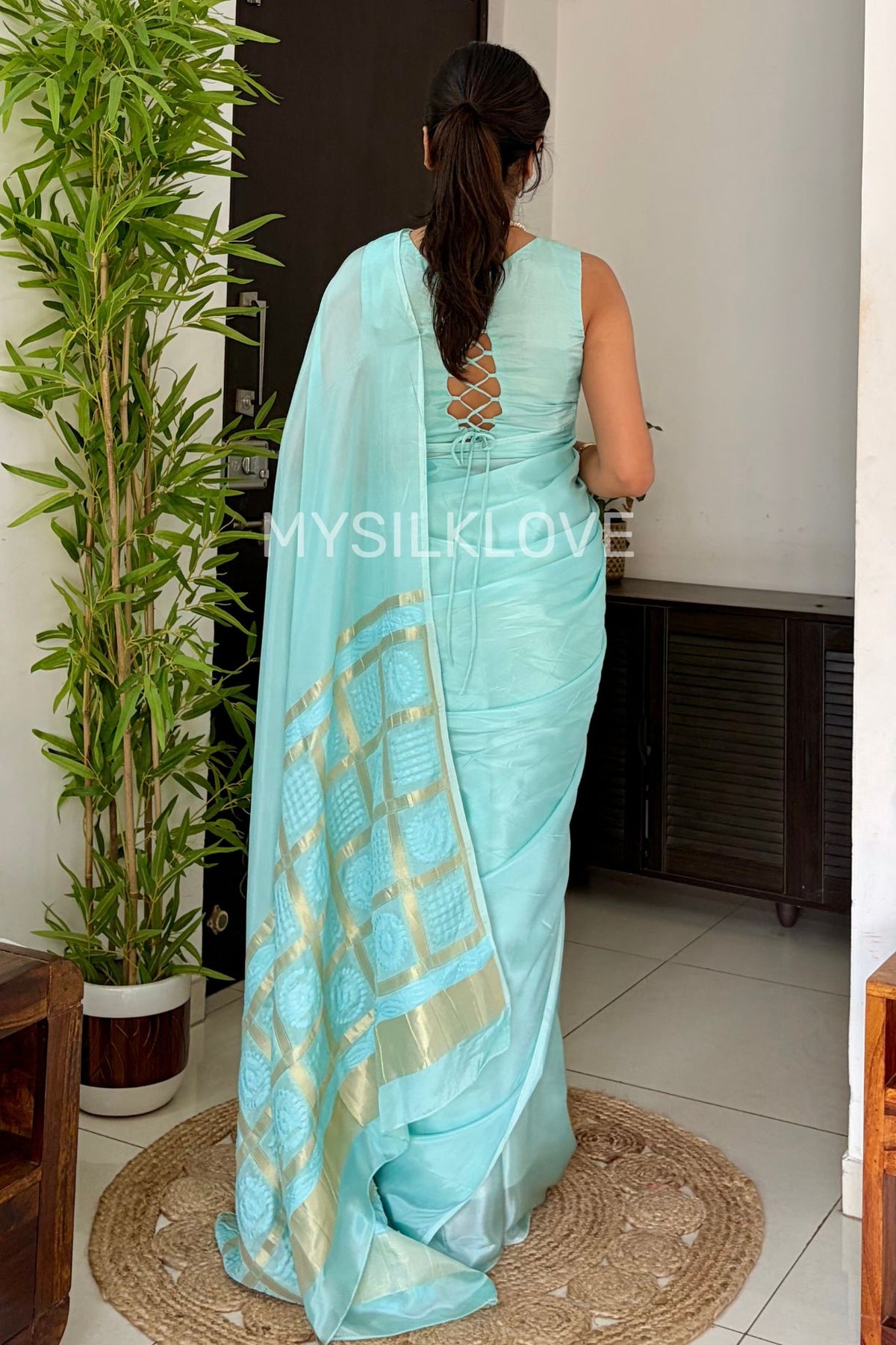 Buy MySilkLove Aqua Blue Chiffon Saree with Bandhani Pallu Online