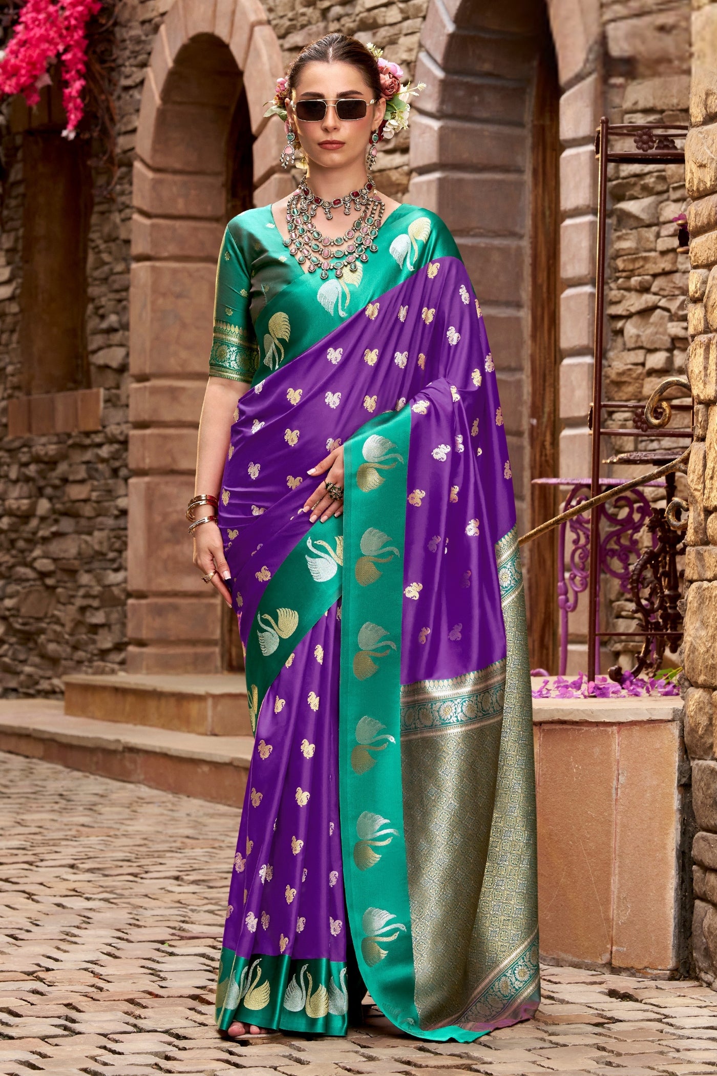 Buy MySilkLove Boston Purple Woven Satin Soft Silk Saree Online