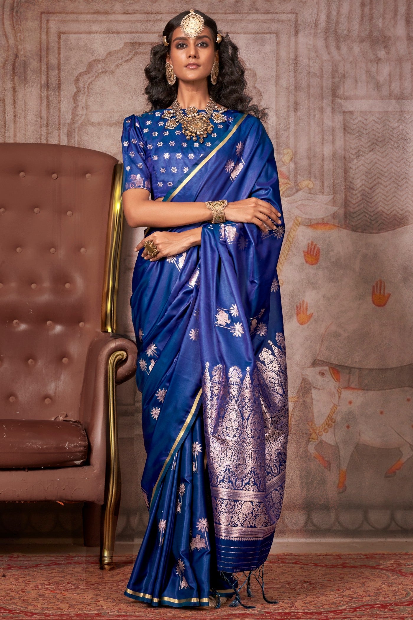 Buy MySilkLove Azure Blue Banarasi Pichwai Satin Saree Online