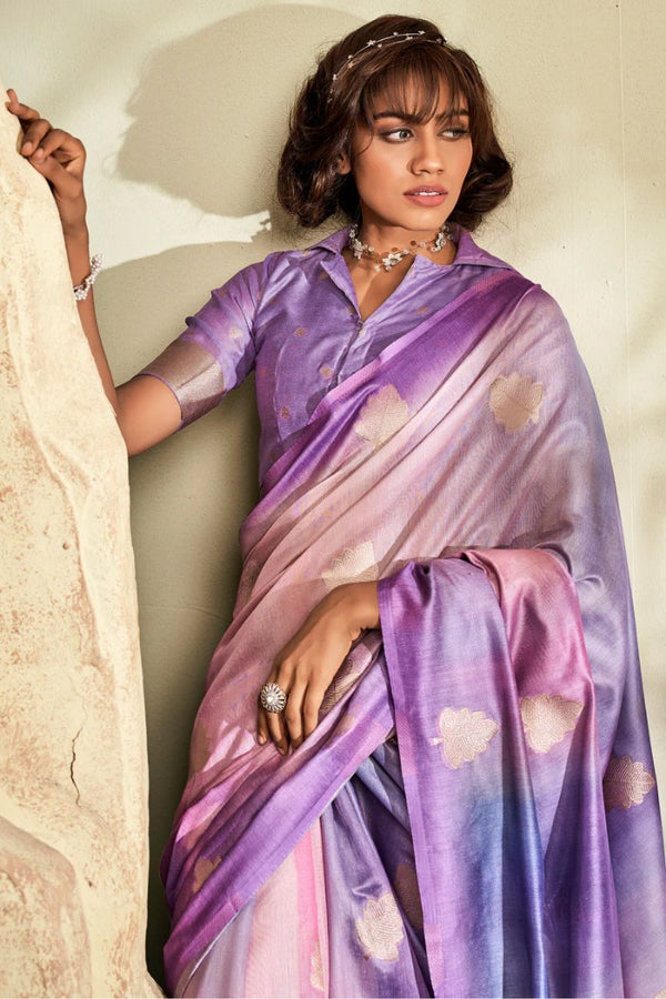 Violet Purple Banarasi Handloom Khadi Silk Saree