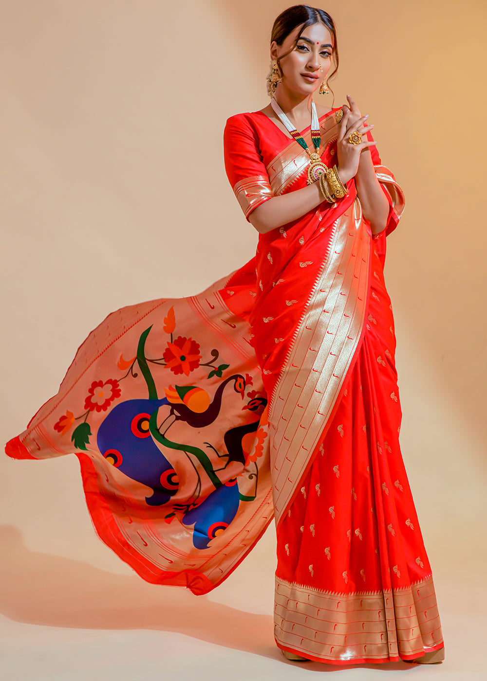 MySilkLove Orange Red Woven Paithani Silk Saree