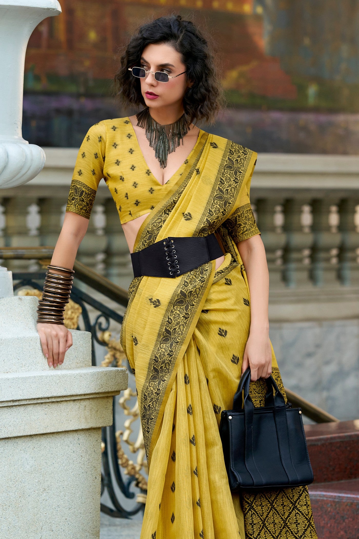 Buy MySilkLove Minion Yellow Tissue Linen Saree Online