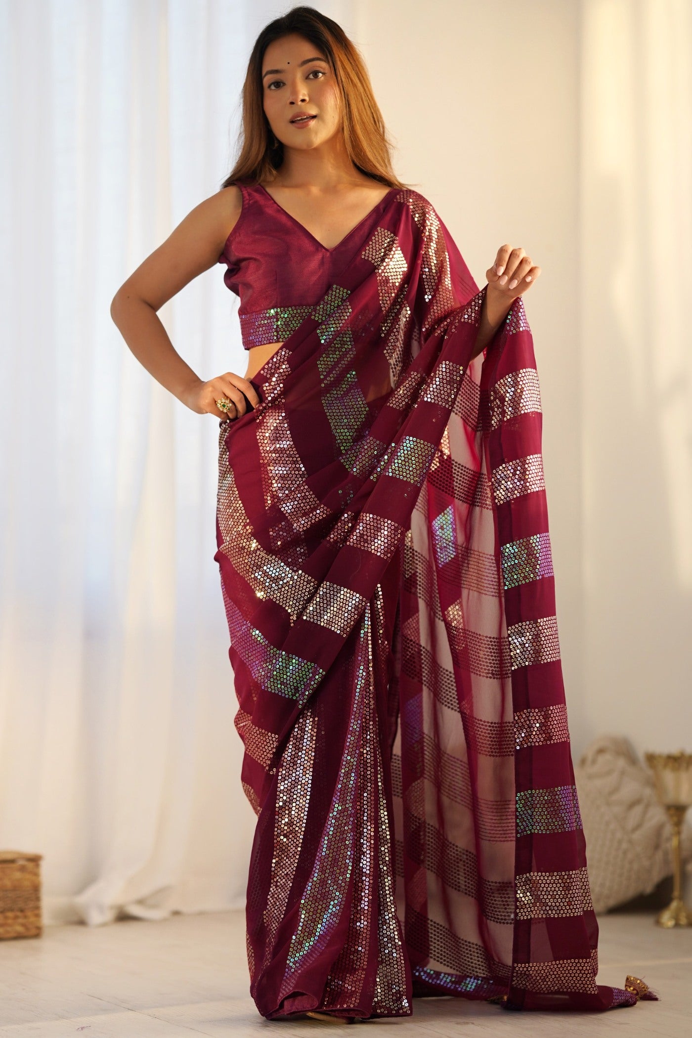 Buy MySilkLove Wine Maroon Georgette Partywear Saree Online