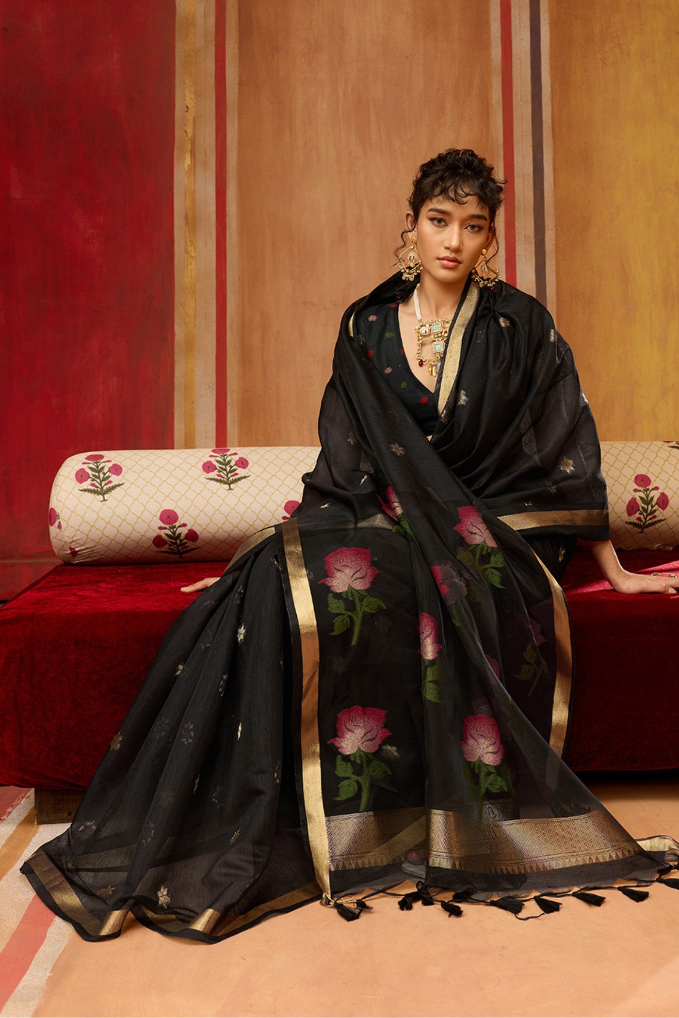 Buy MySilkLove Ace Black Handloom Muga Cotton Saree Online