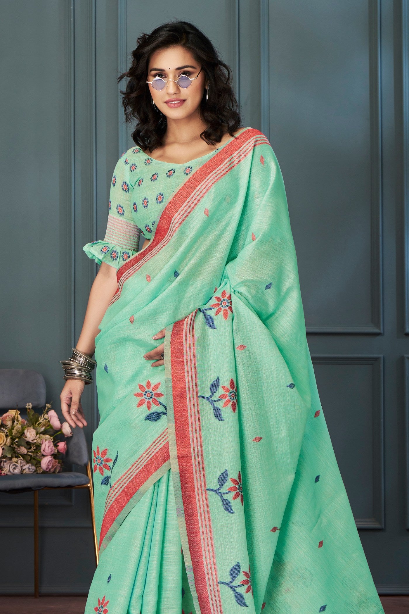 Buy MySilkLove Vista Green Handloom Linen Saree Online