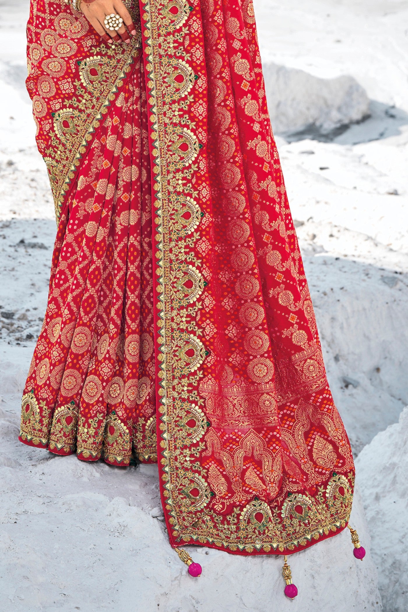 Buy MySilkLove Ruby Red Georgette Patola Saree Online