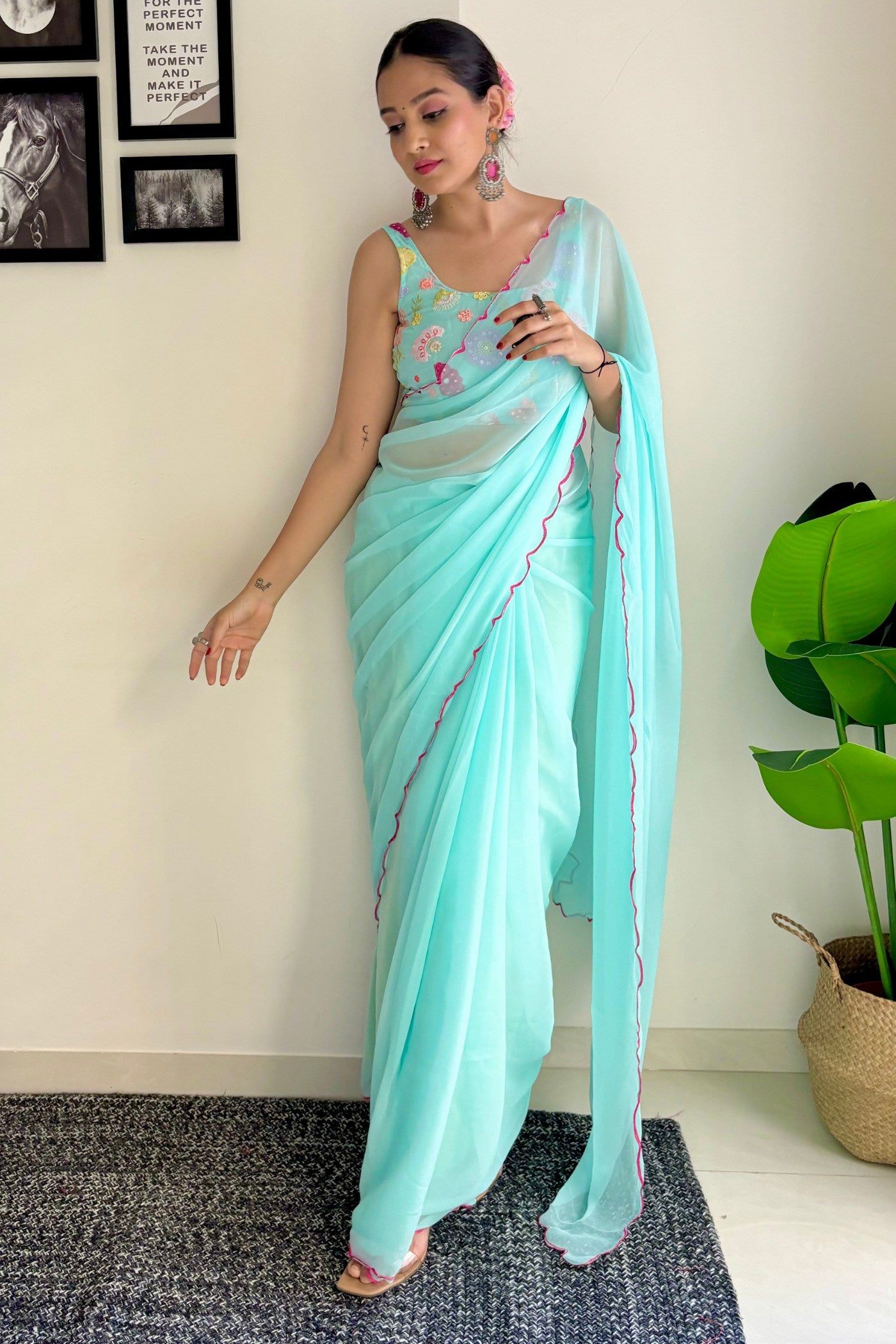 Buy MySilkLove Sky Blue Gerogette Saree Online