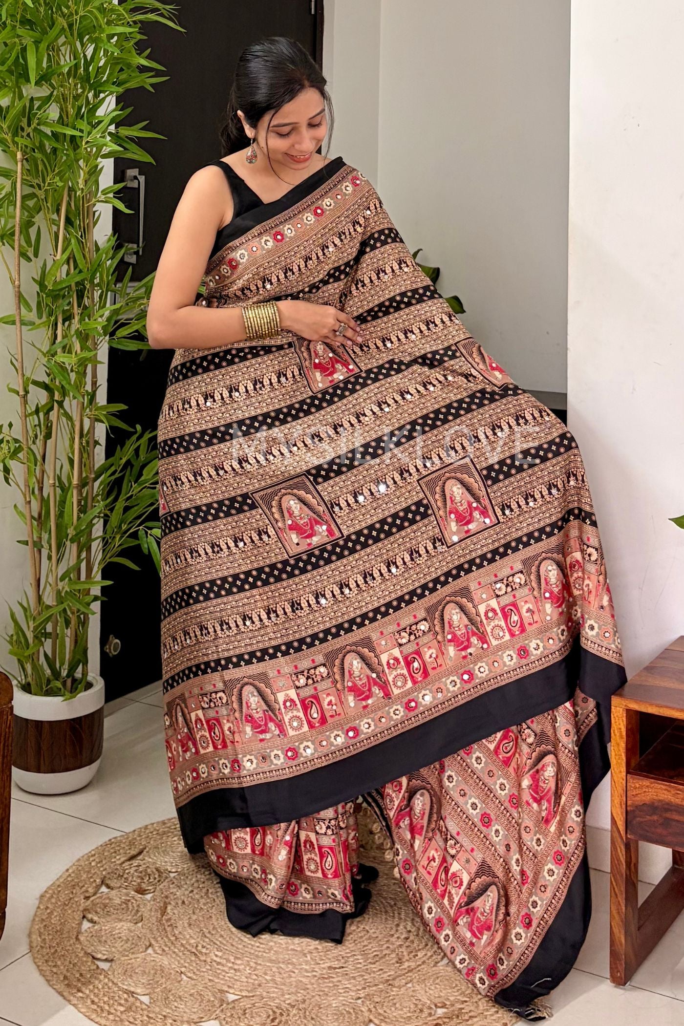 Buy MySilkLove Velvet Black Dulhan Print Satin Mirror Work Saree Online