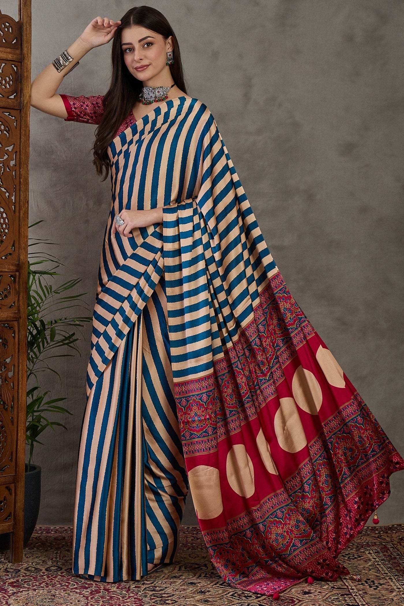 Buy MySilkLove Tuft Blue Stripe Ajrakh Printed Satin Gaji Silk Saree Online