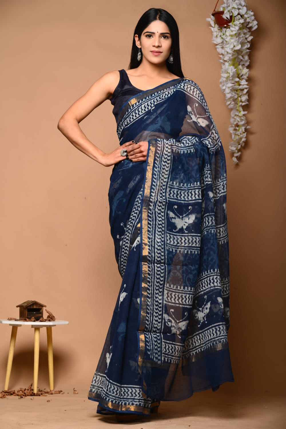 Buy MySilkLove Oxford Blue Handblock Kota Doriya Saree Online