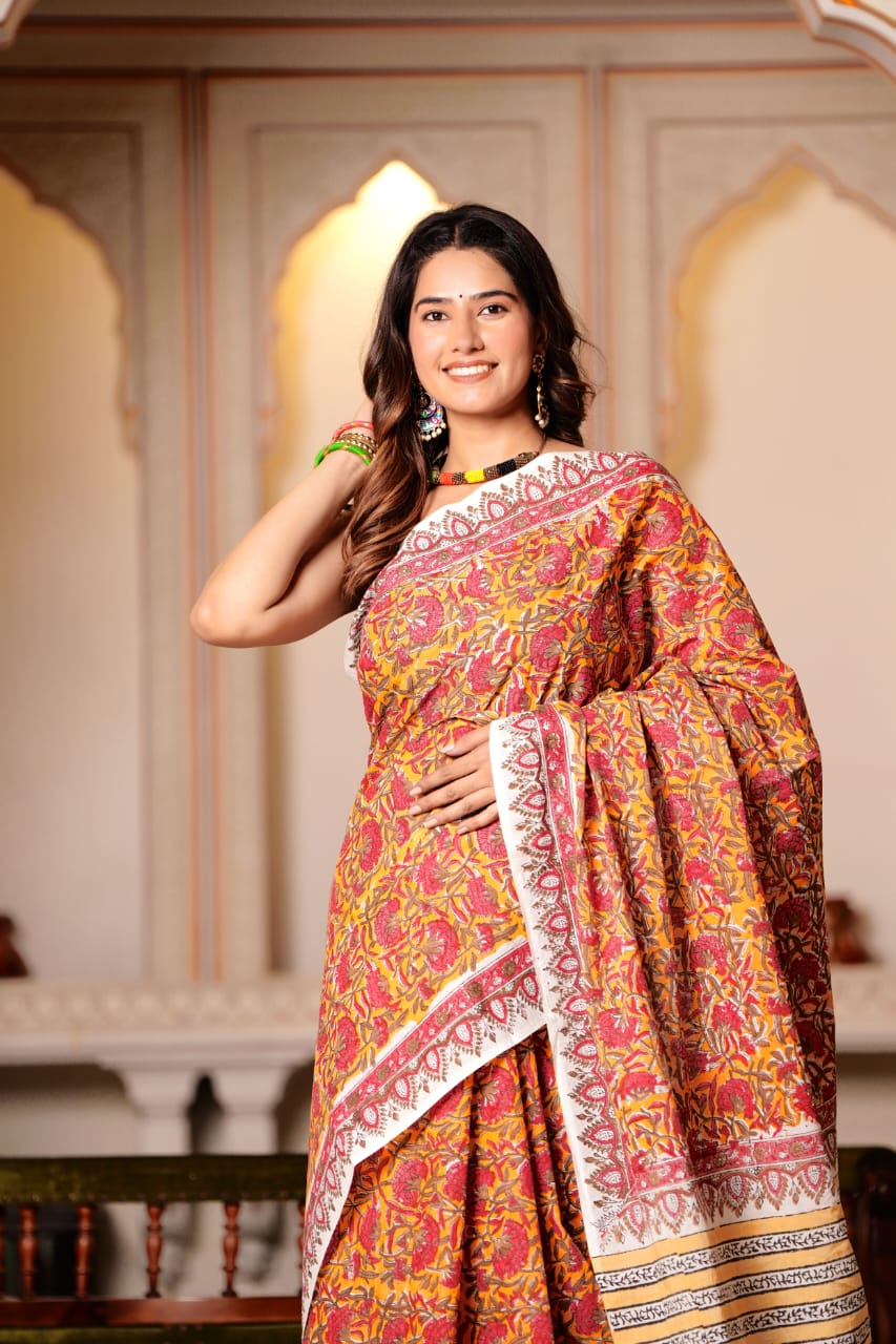 Buy MySilkLove Tan Orange Pure Cotton Handblock Printed Saree Online