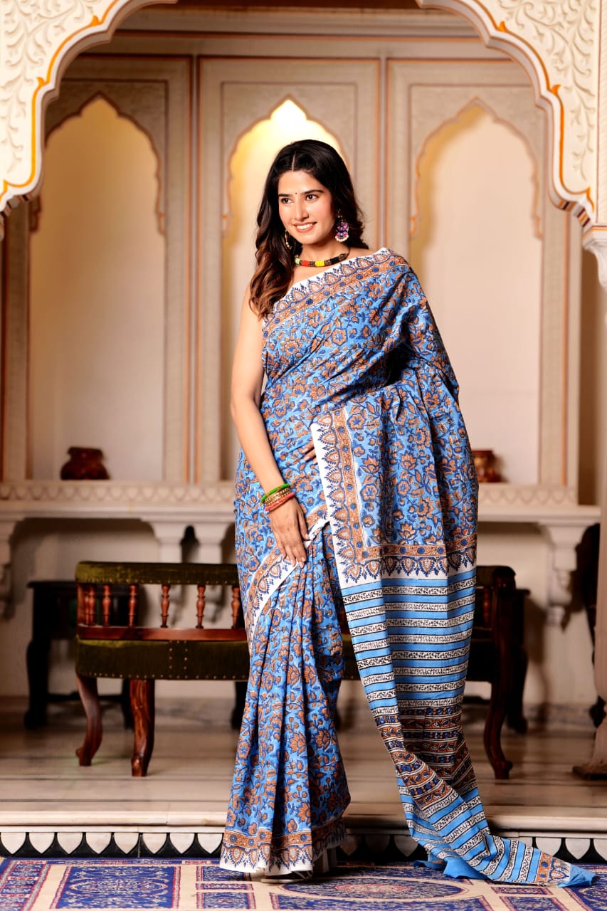 Buy MySilkLove Hoki Blue Pure Cotton Handblock Printed Saree Online