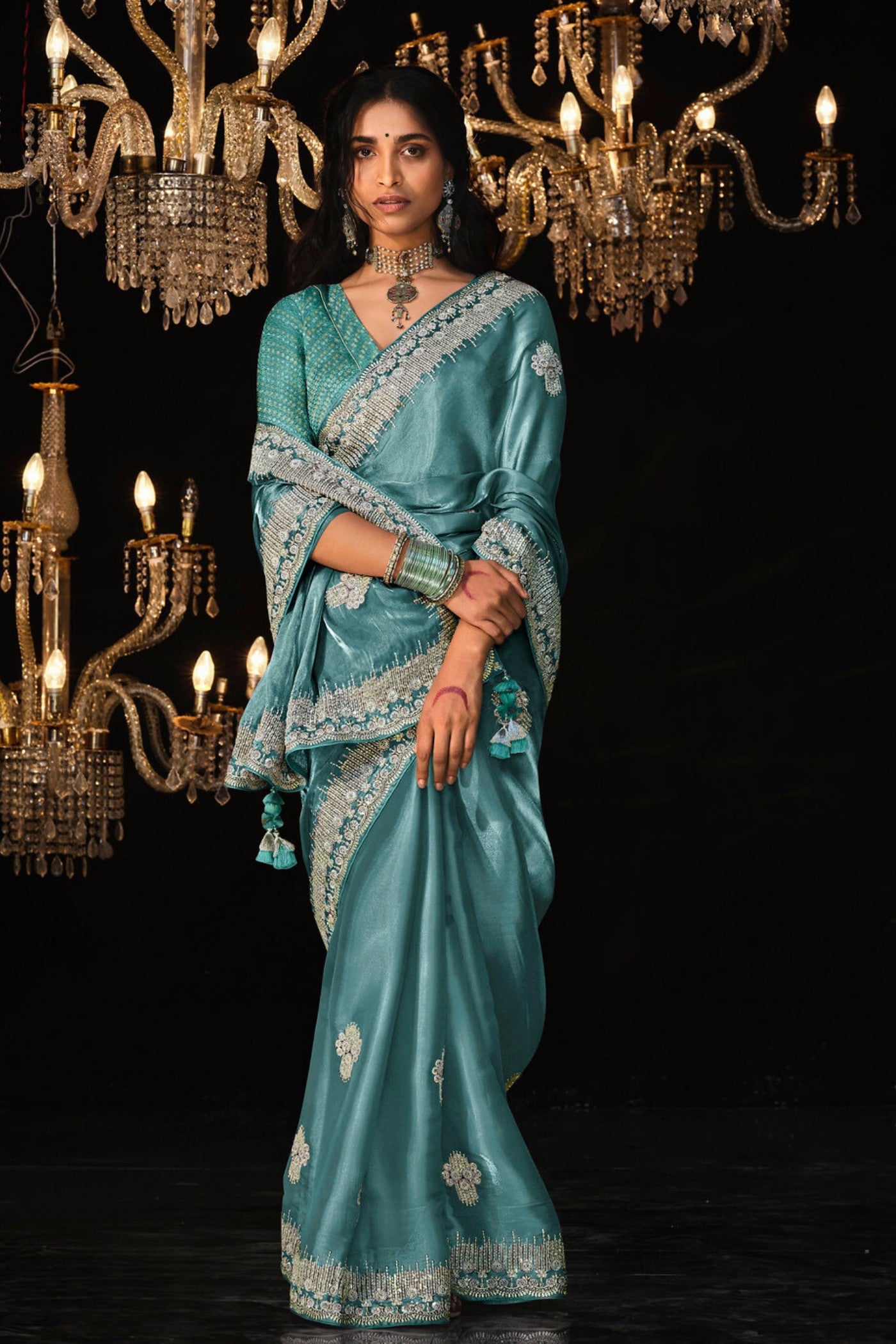 Buy MySilkLove Baby Blue Tissue Embroidered Designer Saree Online