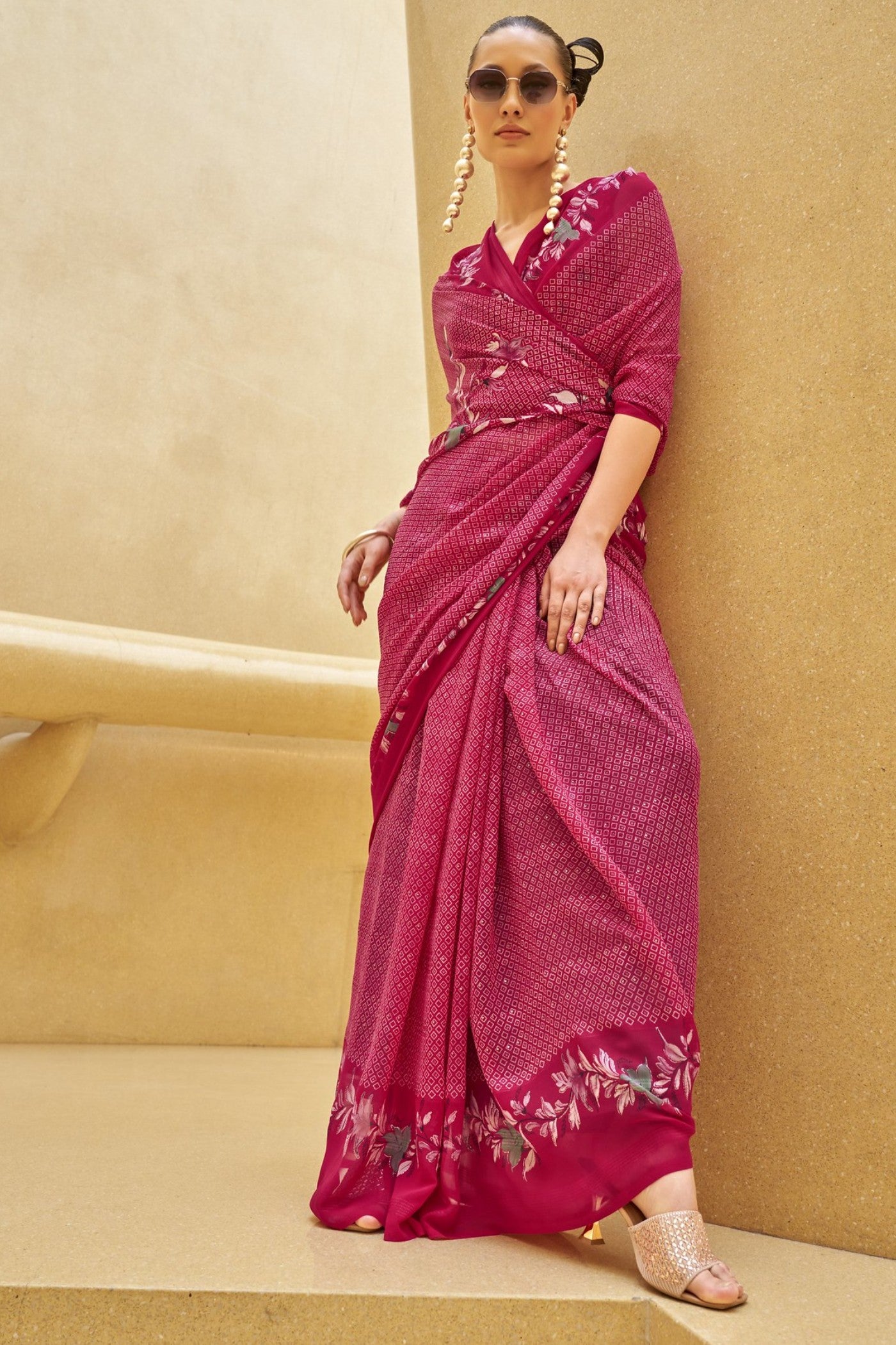 Buy MySilkLove Jazzberry Jam Pink Georgette Printed Saree Online